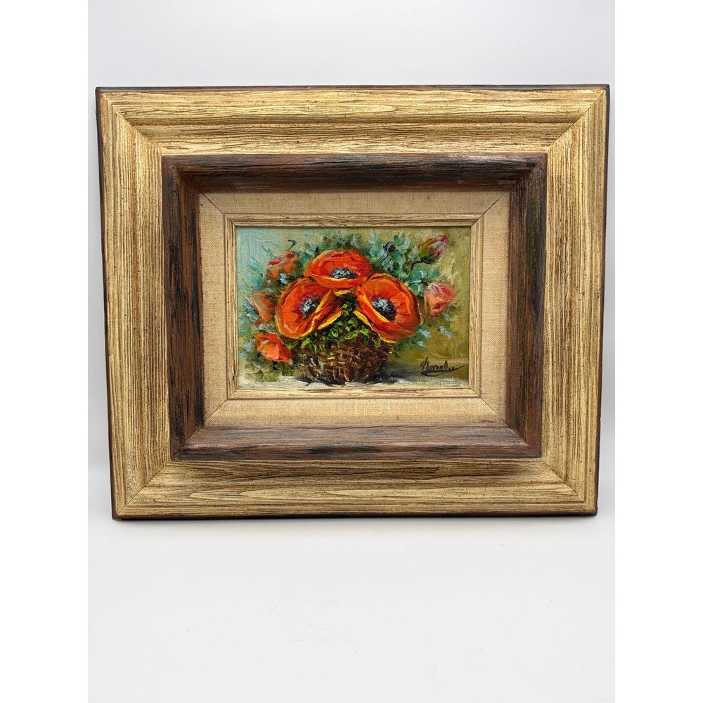 Original Oil Painting Basket O' Poppies Framed Still Life Floral Signed Nora Lee - Picture 2 of 13